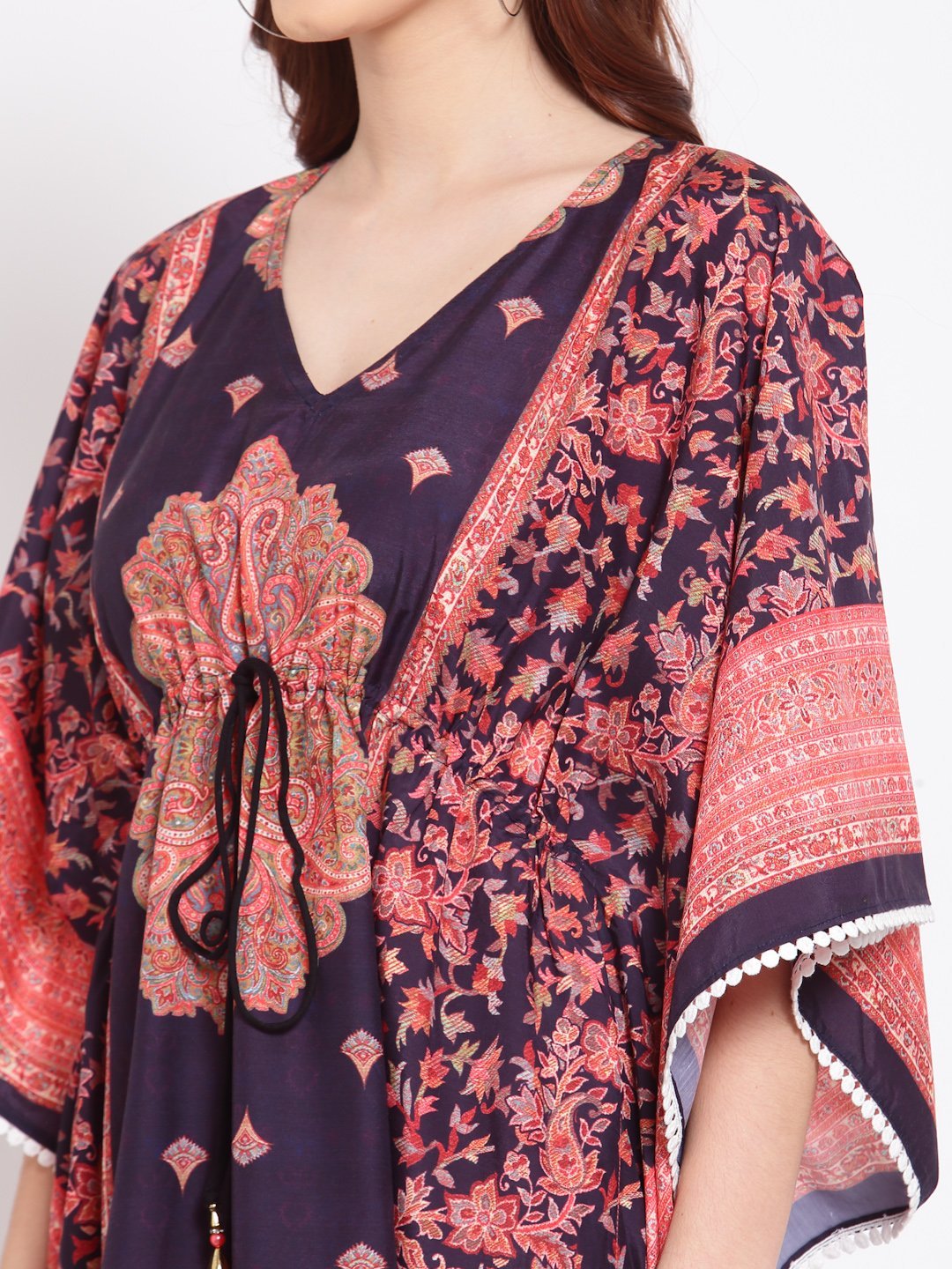 Women's Multi Printed Cotton 3/4 Sleeve V Neck Casual Kaftan Dress