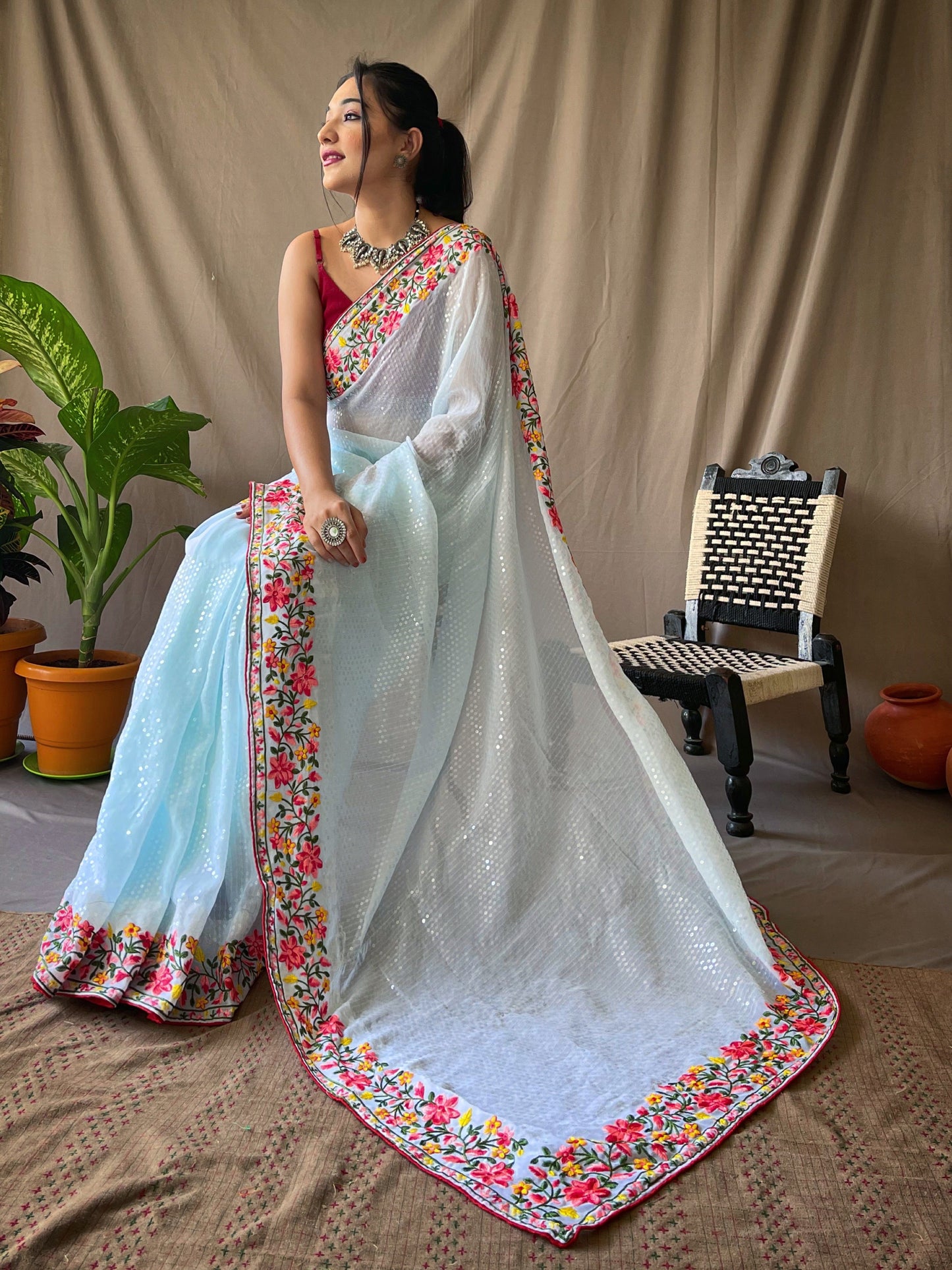 Women's Georgette Sequins Designer Saree Sky Blue