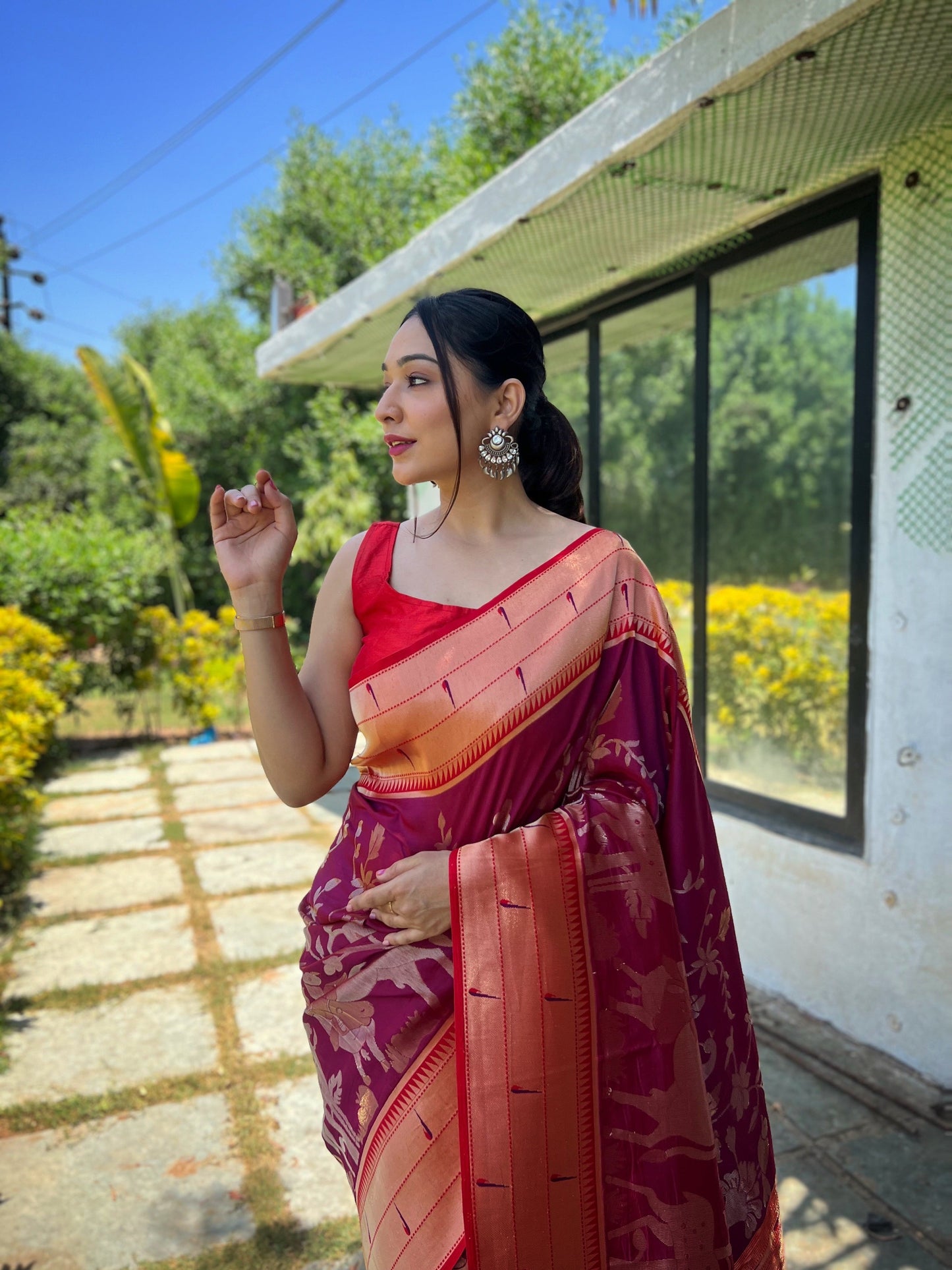 Women's Magenta Wine Gauri Paithani Silk Pichwai Woven Saree