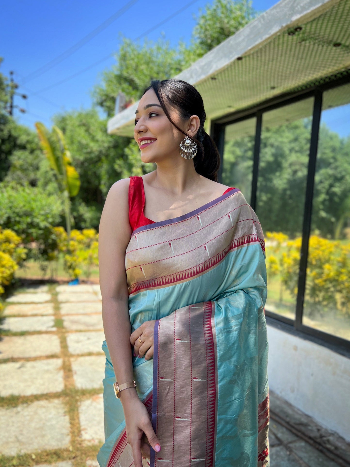Women's Sky Blue Gauri Paithani Silk Pichwai Woven Saree