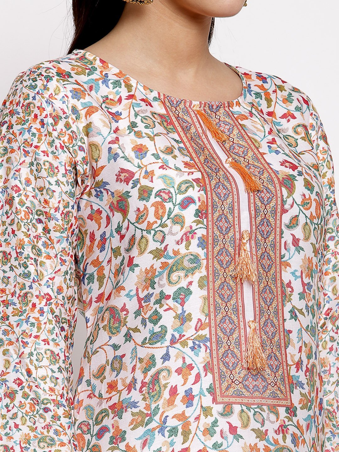 Women's Multi Cotton Printed Full Sleeve Round Neck Casual Kurta