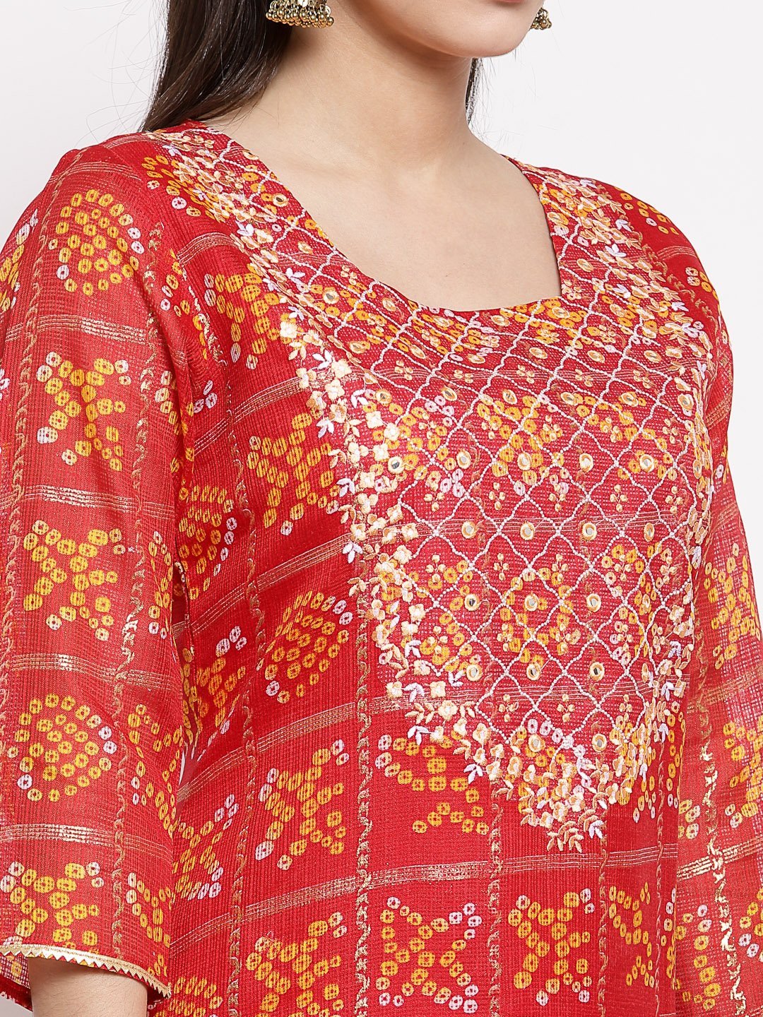 Women's Red Cotton Printed 3/4 Sleeve Square Neck Casual Kurta