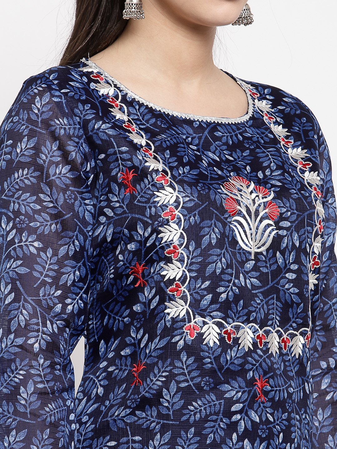 Women's Blue Cotton Printed 3/4 Sleeve Square Neck Casual Kurta