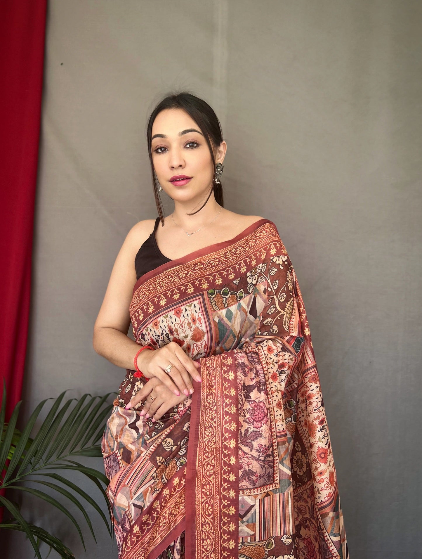 Women's Brown Ajrakh Carpet Silk Cotton Printed Saree
