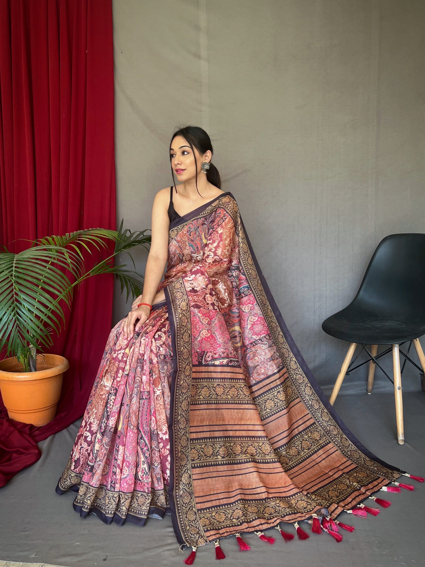 Women's Pink Brown Ajrakh Carpet Silk Cotton Printed Saree