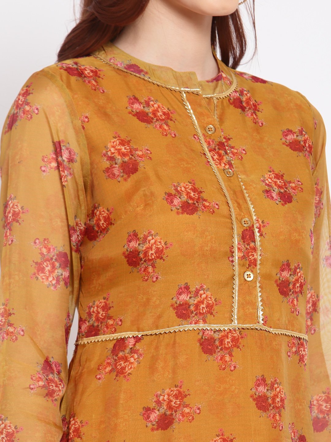 Women's Multi Printed Organza Full Sleeve Mandarin Neck Casual Dress