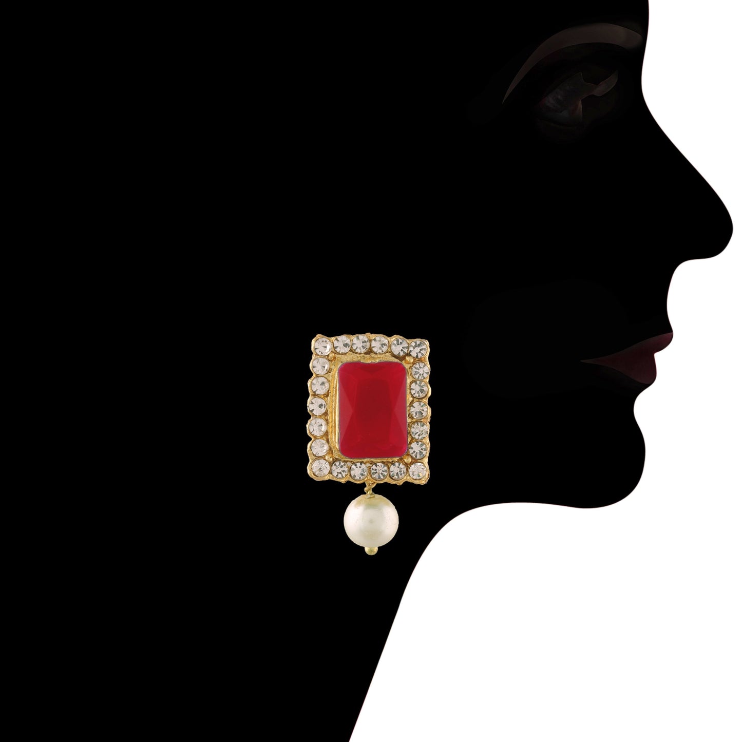 Women's Gold Plated Traditional Handcrafted Red Stone Studded Pearl Choker Necklace Jewellery Set With Earrings