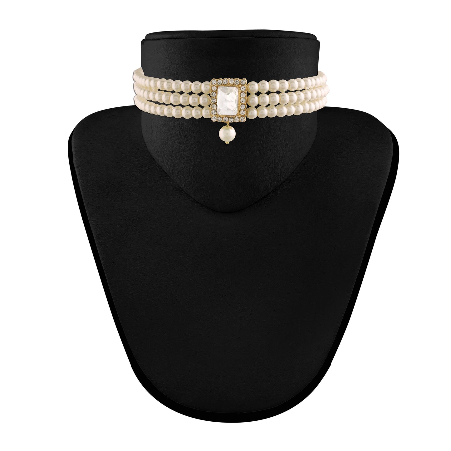 Women's Gold Plated Traditional Handcrafted White Stone Studded Pearl Choker Necklace Jewellery Set With Earrings
