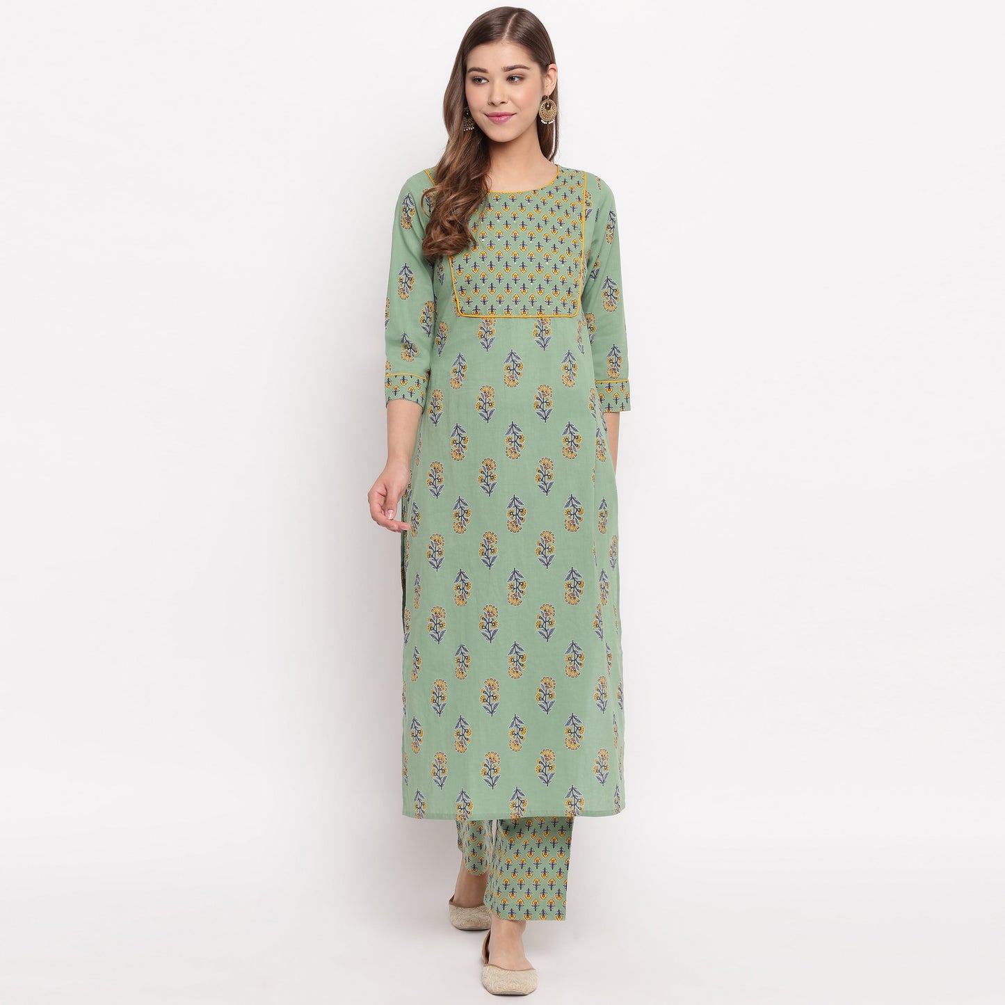 Women's Floral Print Straight Cotton Pista Kurta With Palazzo