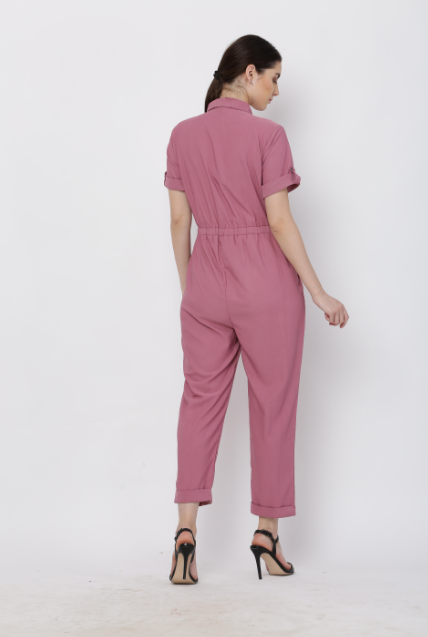 Women's Pink Solid Poly Laycra Collar Jumpsuit With Belt