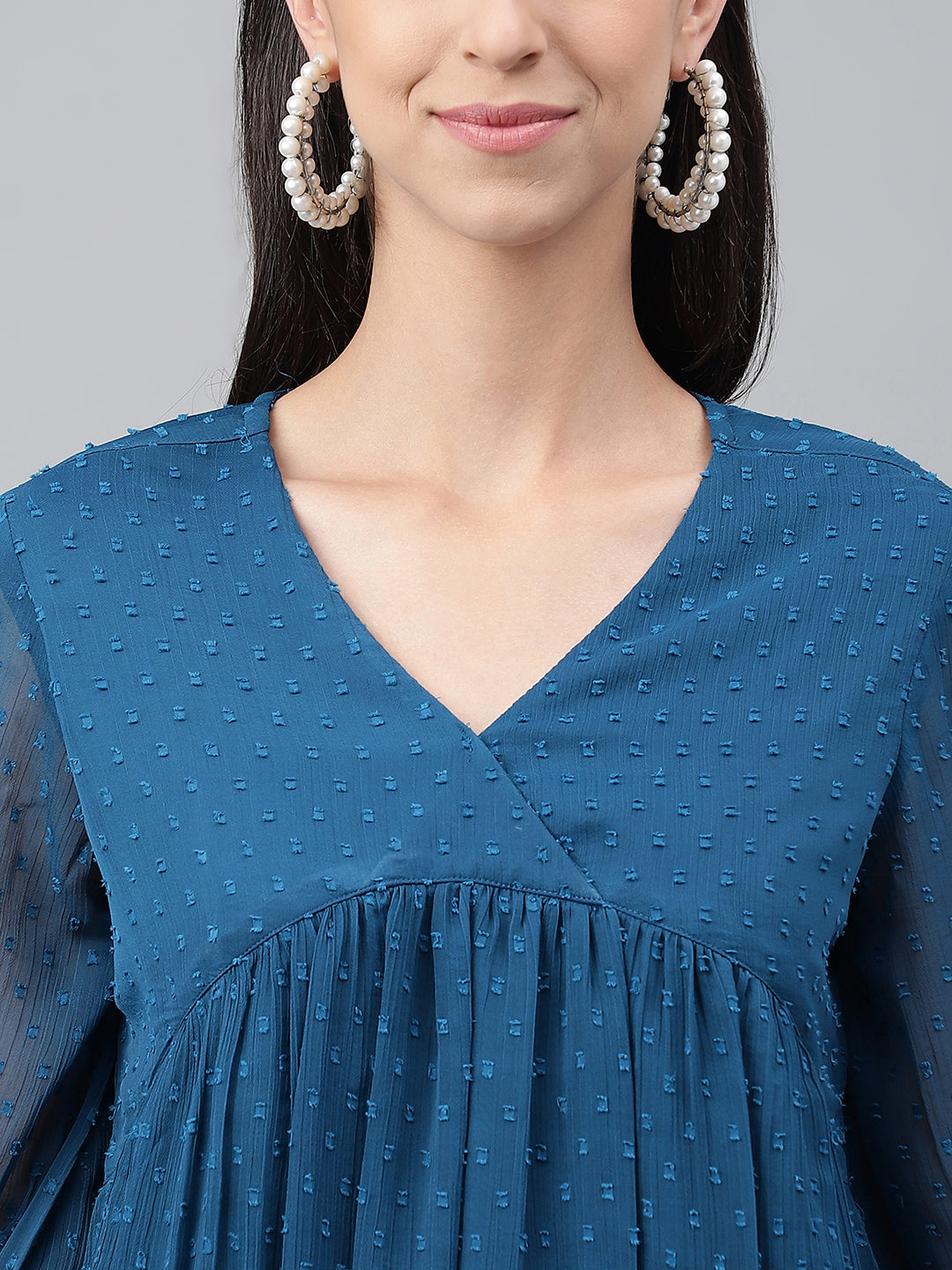 Women's Solid Teal Blue Dobby Chiffon Tops