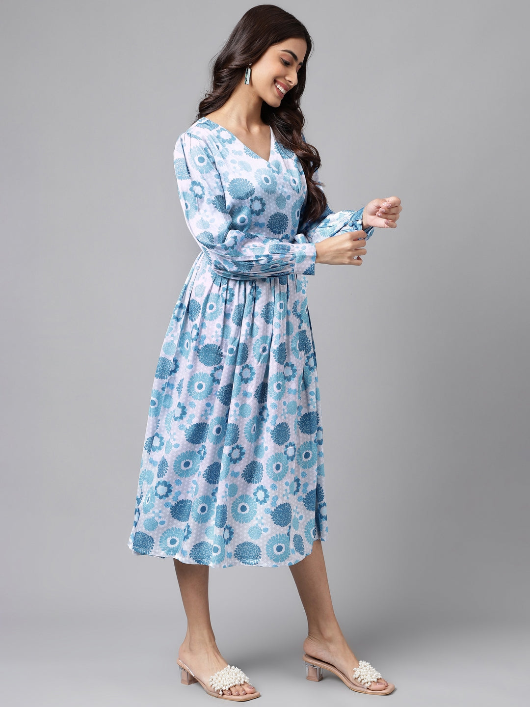 Women's Digital Floral Printed Grey Satin Dress