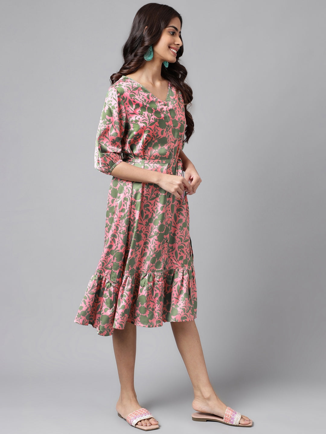 Women's Digital Floral Printed Pink Satin Dress
