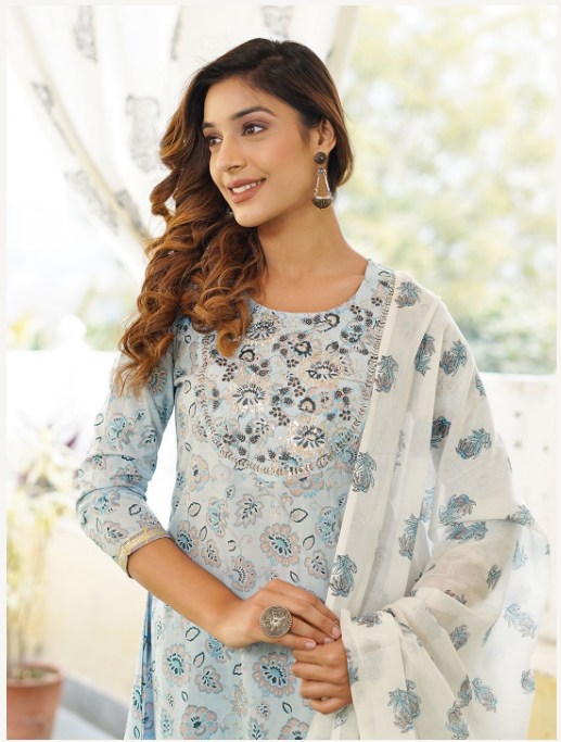 Women's Light Blue Cotton Kurta Set