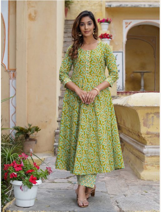 Women's Green Cotton Kurta Set