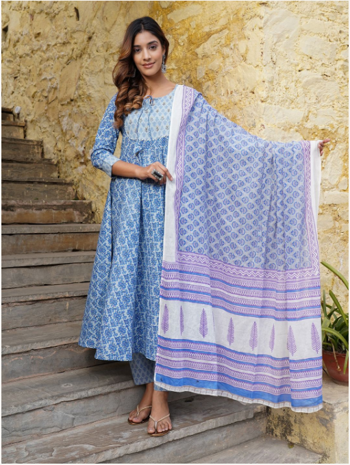 Women's Blue Cotton Kurta Set