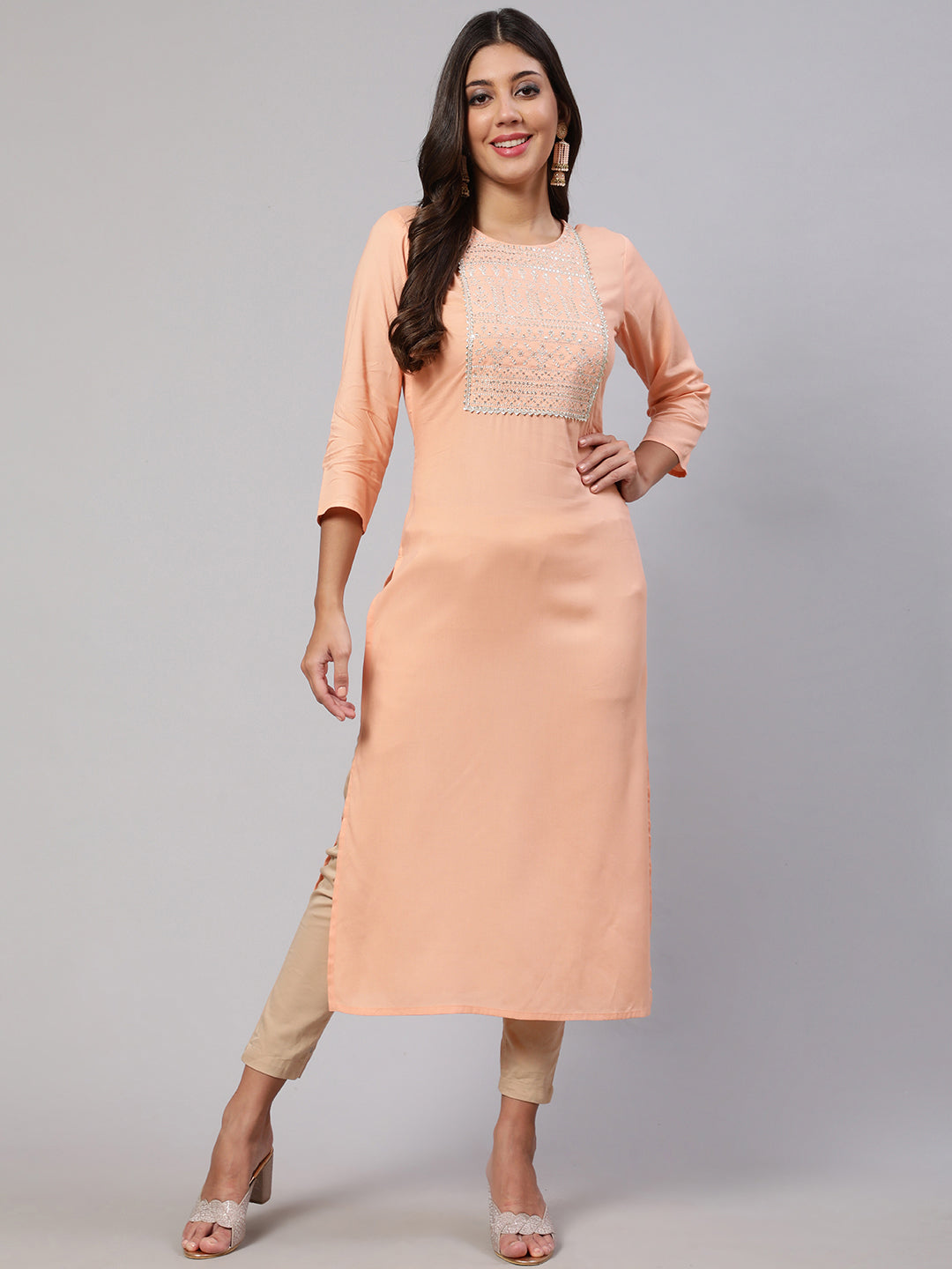 Women's Peach Embroidered Straight Kurta With Three Quarter Sleeves