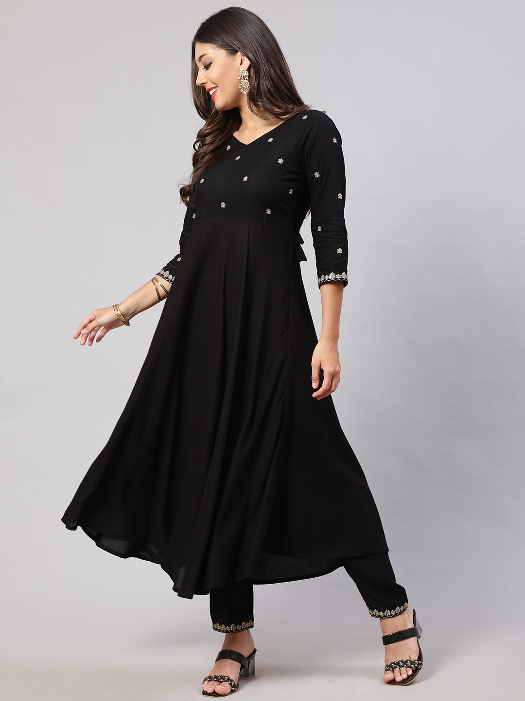 Women's Black Embroidered Flared Kurta With Trouser And Net Dupatta