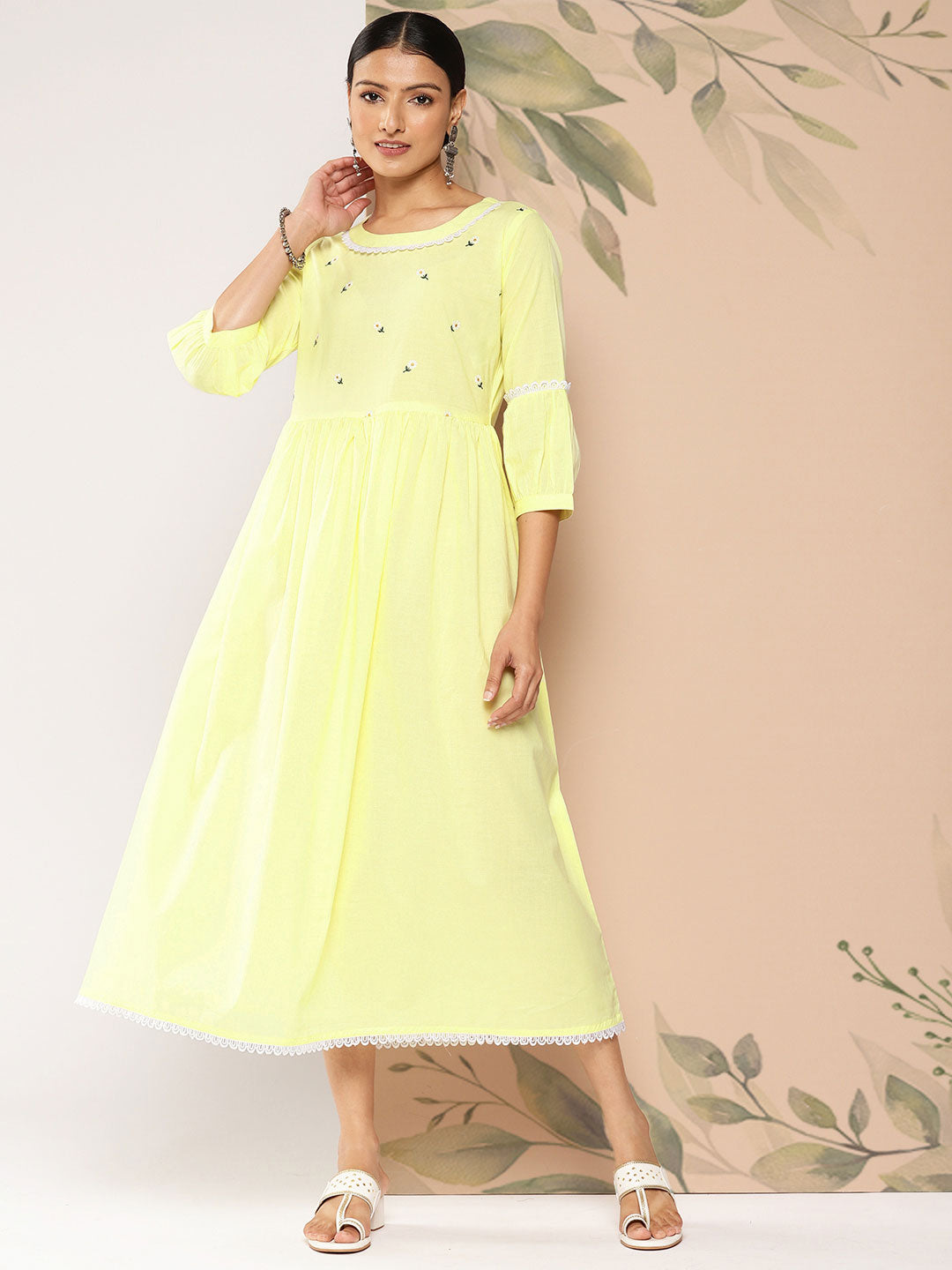 Women's Wome Yellow Embroidered Flared Dress With Three Quarter sleeves