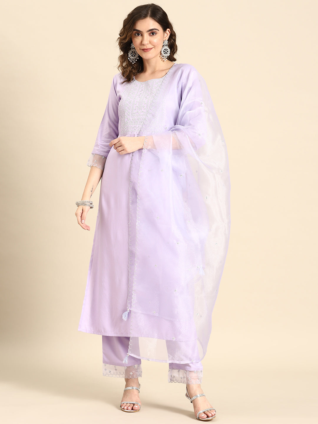 Women's Lavender Embroidered Straight Kurta With Palazzo & Dupatta