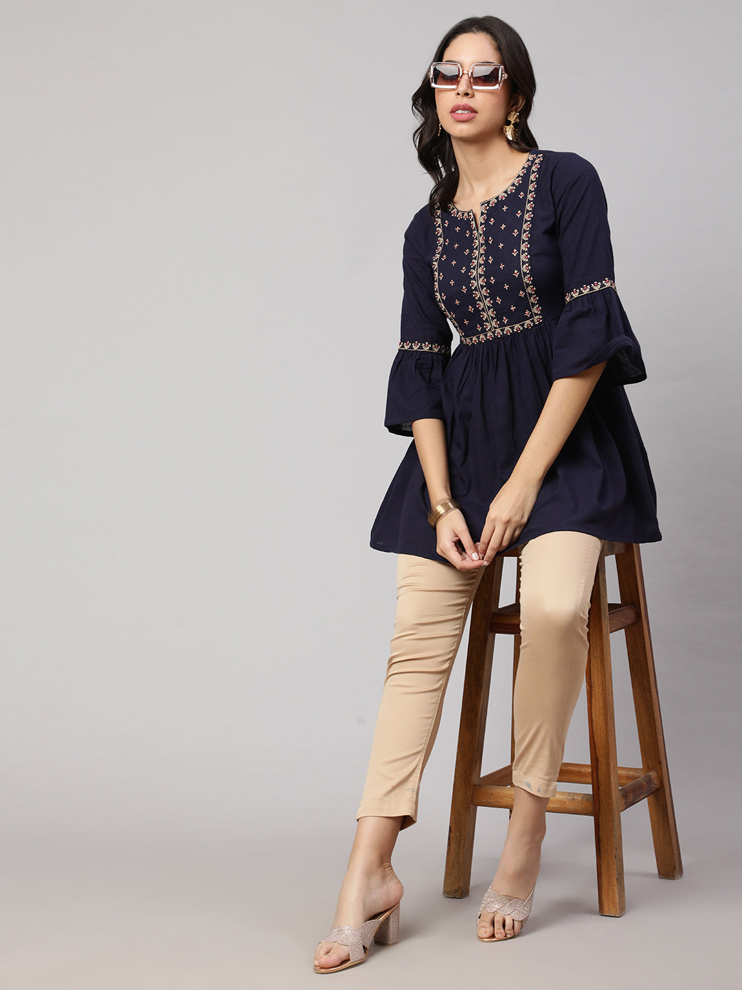 Women's Navy Blue Embroidered Peplum Tunic