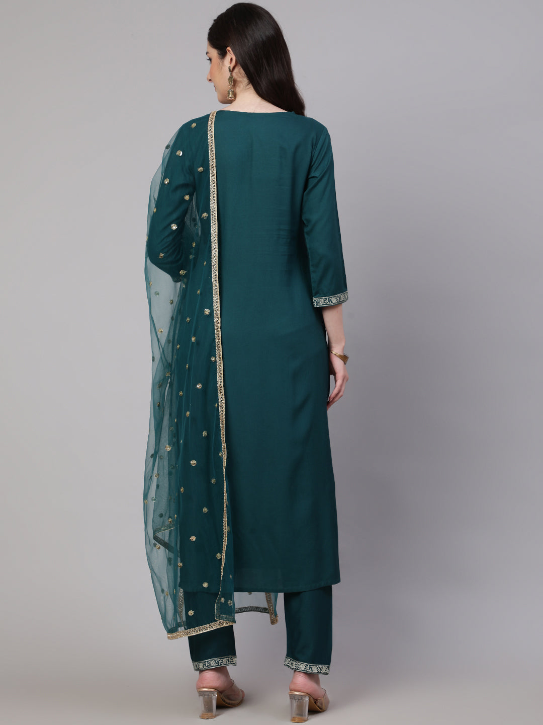 Women's Green Embroidered Straight Kurta With Trouser And Net Dupatta