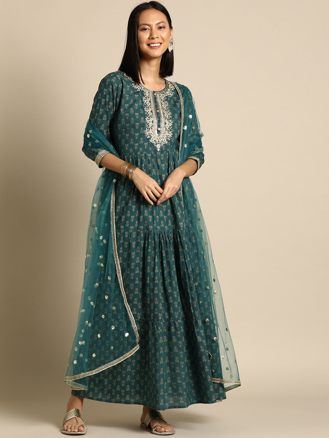 Women's Wome Green Embroidered Flared Dress With Net Dupatta