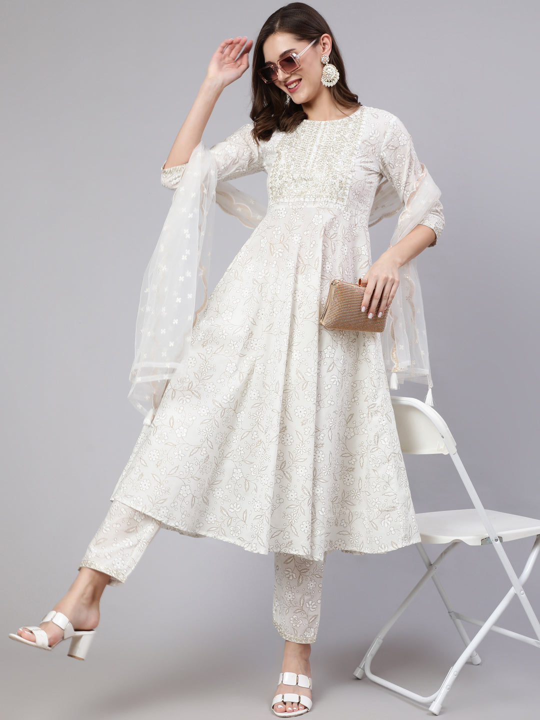 Women's White Embroidered Flared Kurta With Trouser And Dupatta