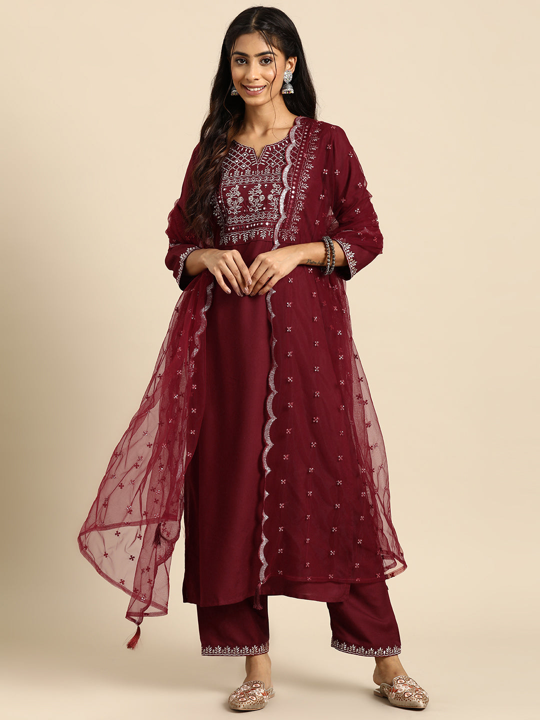 Women's Maroon Embroidered Straight Kurta With Palazzo And Net Dupatta