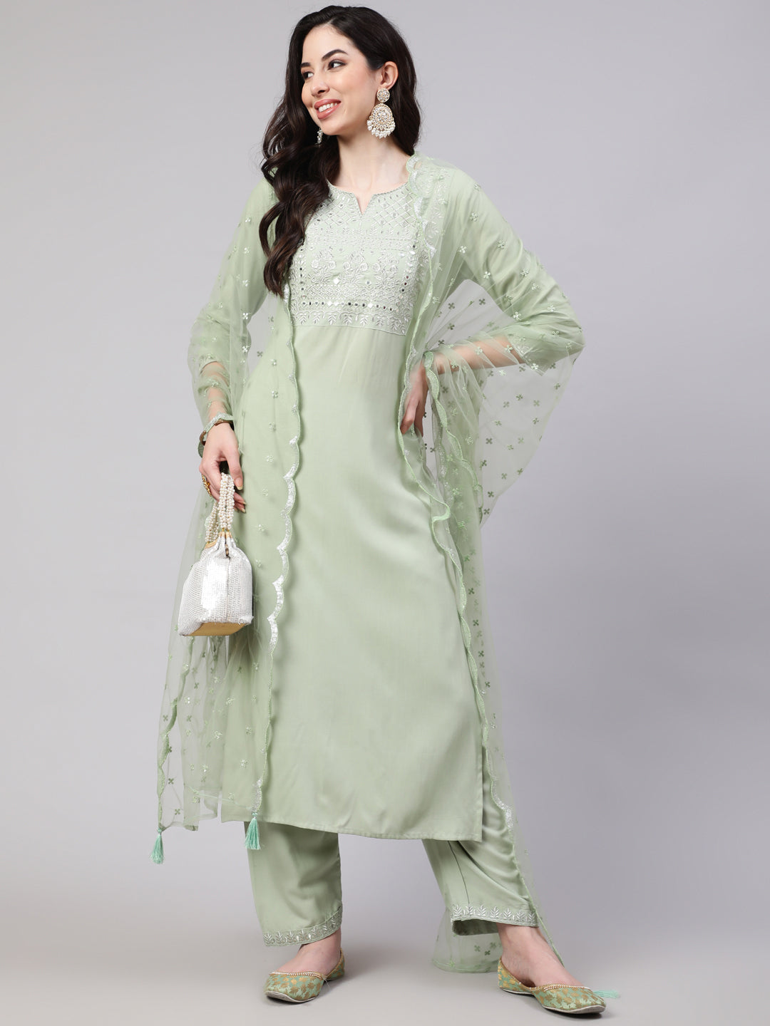 Women's Green Embroidered Straight Kurta With Palazzo And Dupatta