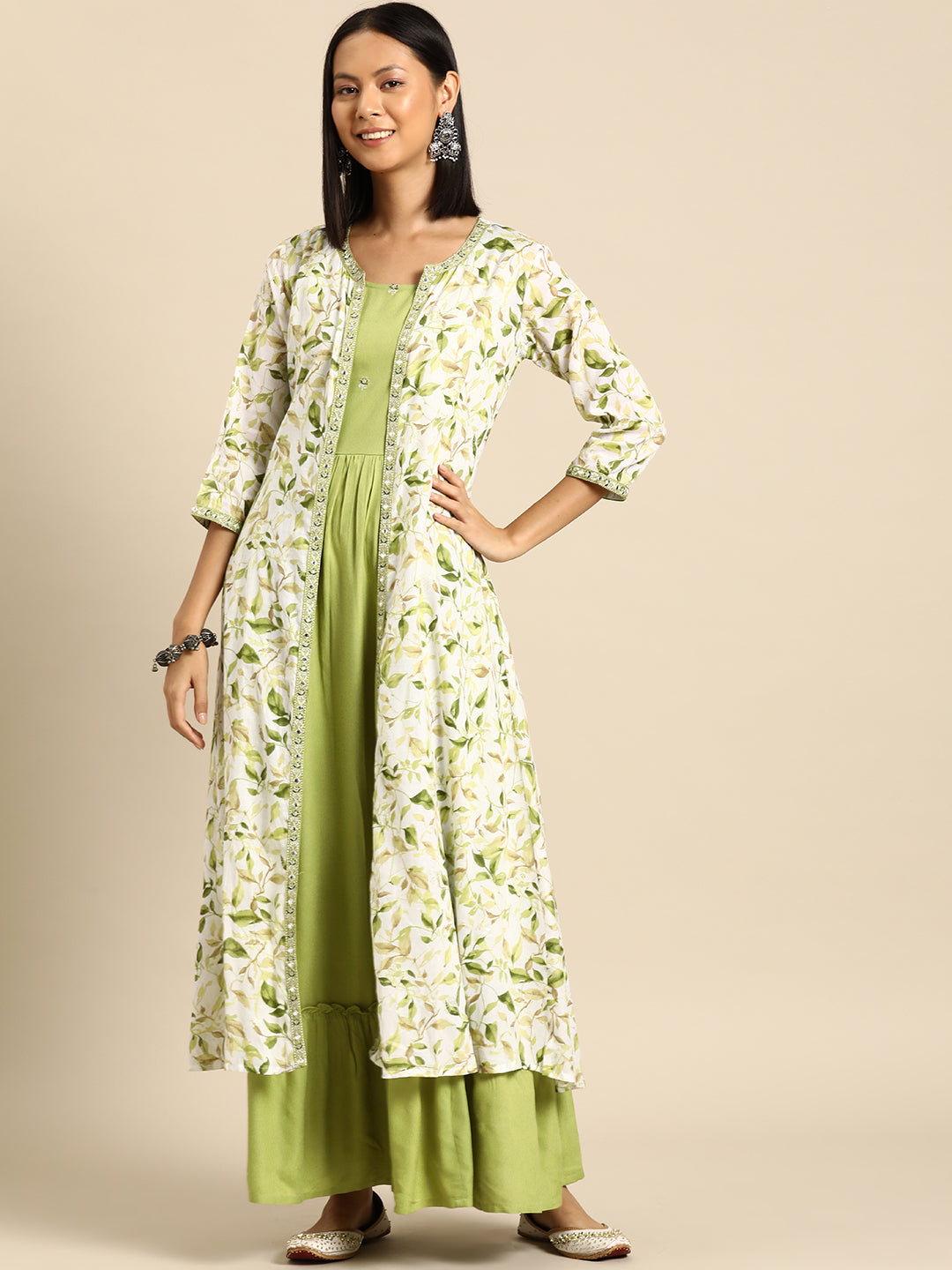 Women's Green Embroidered Flared Dress With Prinrted Jacket
