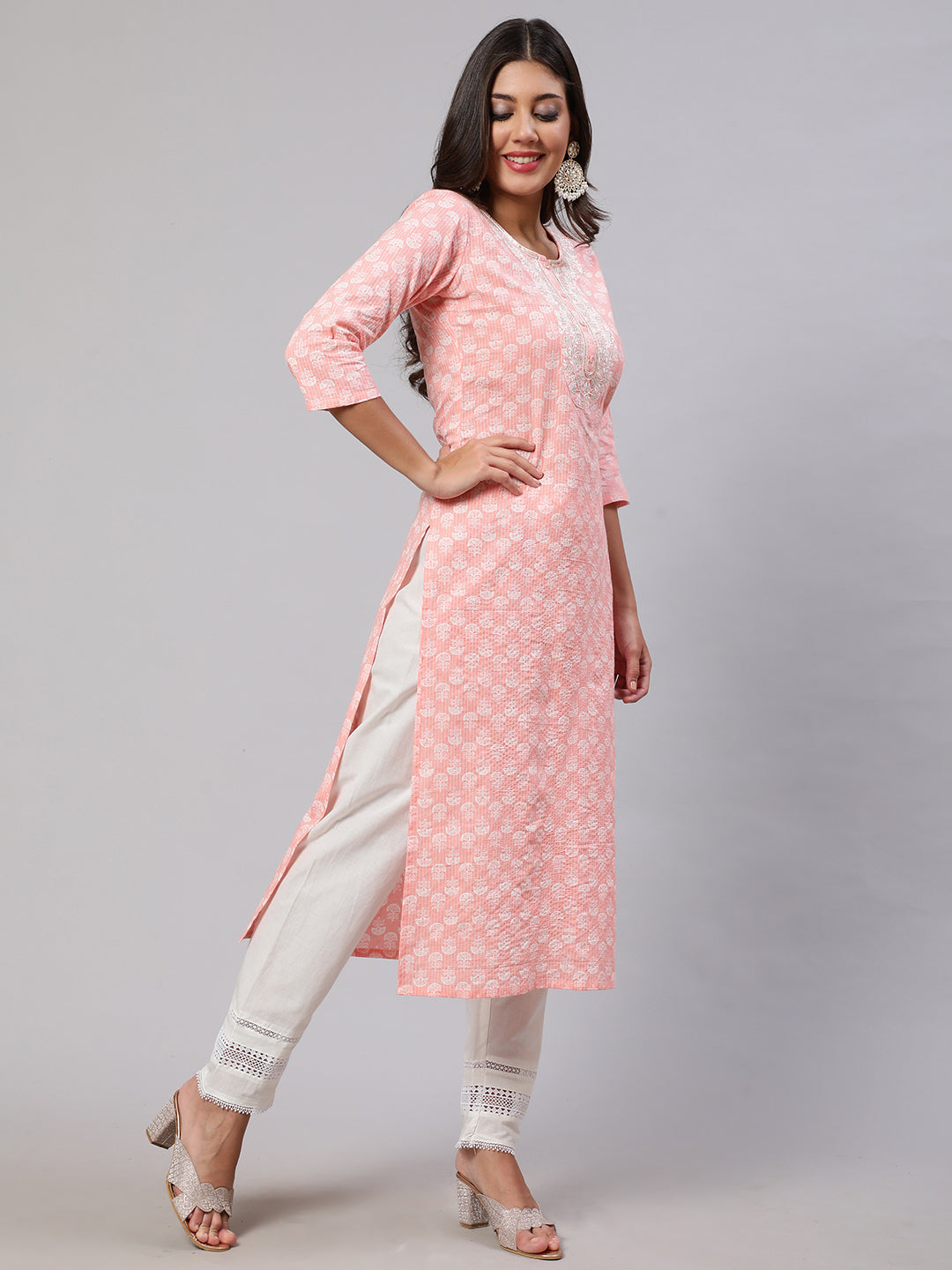 Women's Pink Embroidered Straight Kurta With Trouser And Dupatta