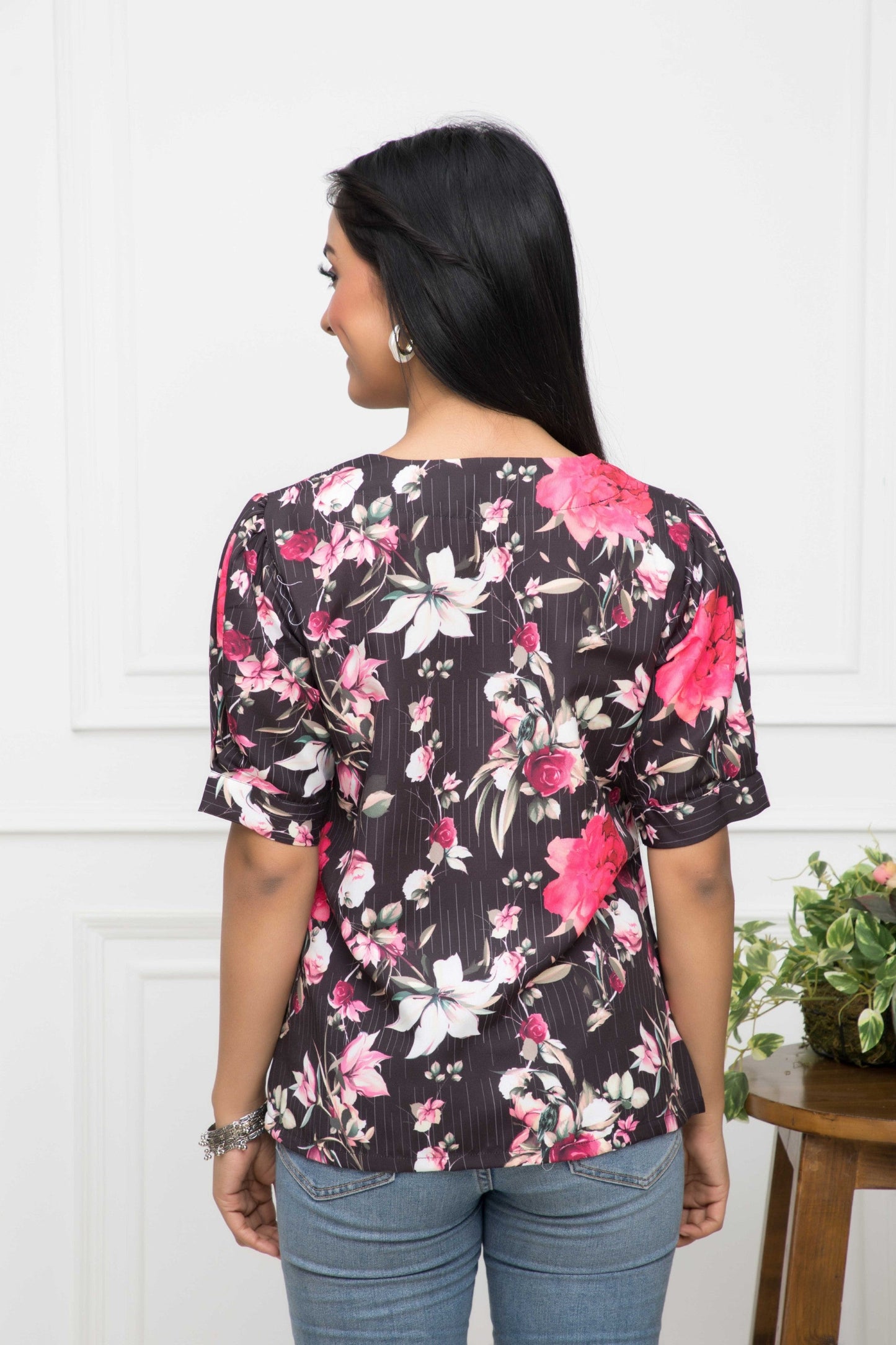Women's Black Floral V-Neck Regular Sleeves Viscose Rayon Top