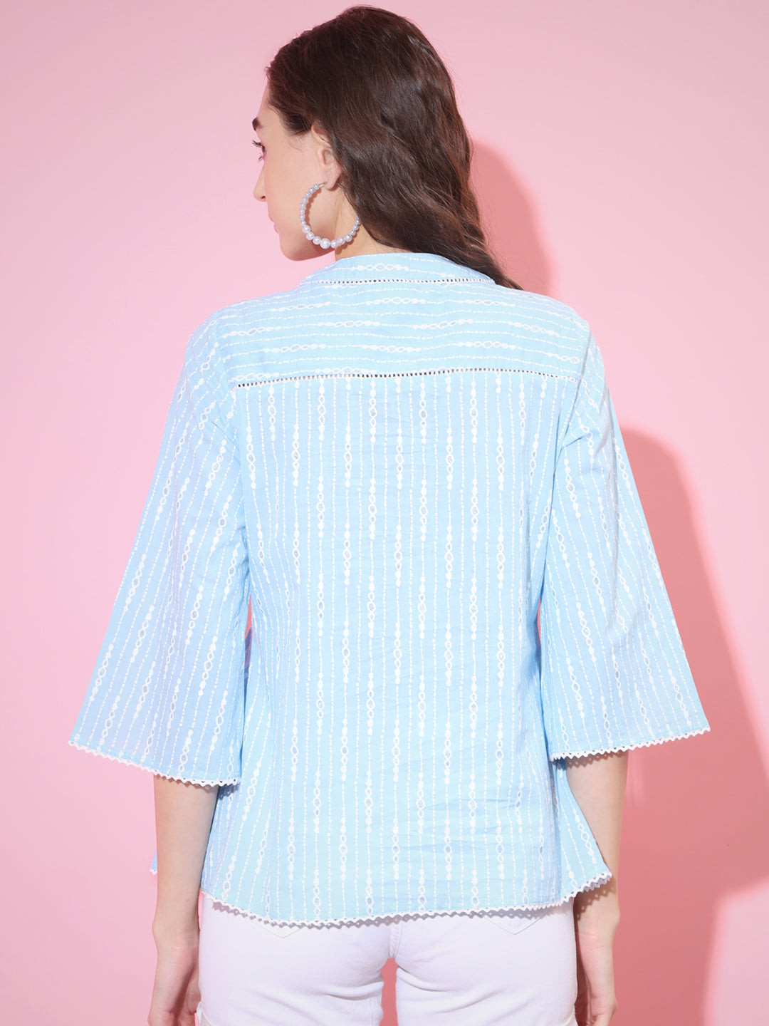 Women's Blue Printed V-Neck Top