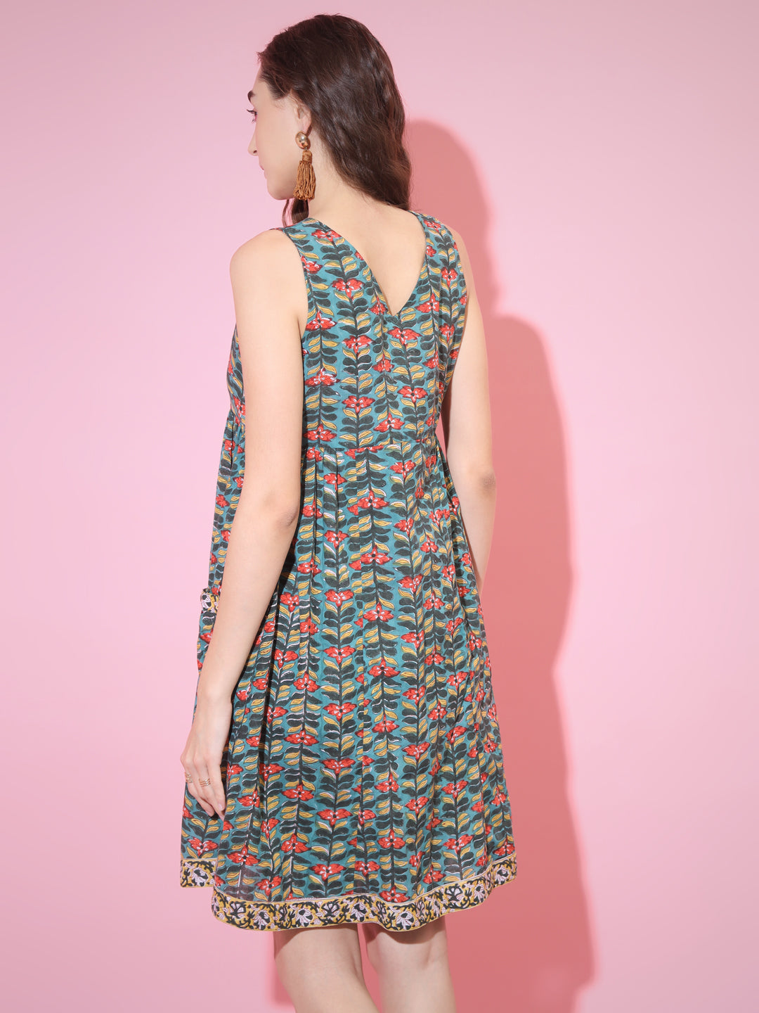 Women's Green Floral Printed A-Line Dress