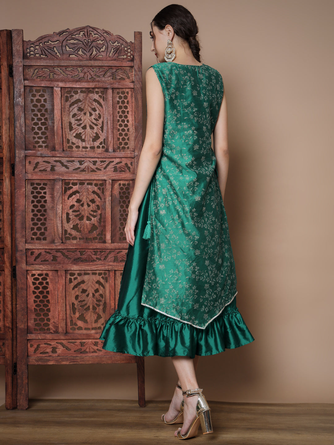 Women's Teal Floral Printed Gown Dress