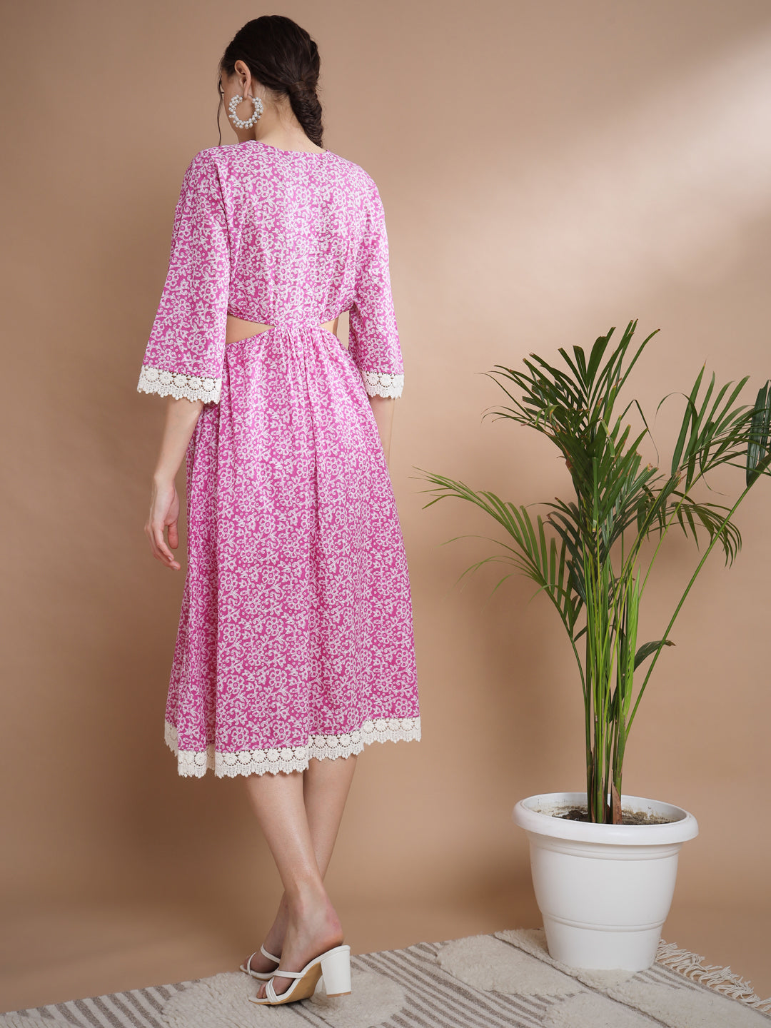 Women's Pink Floral Printed Fit And Flare Dress