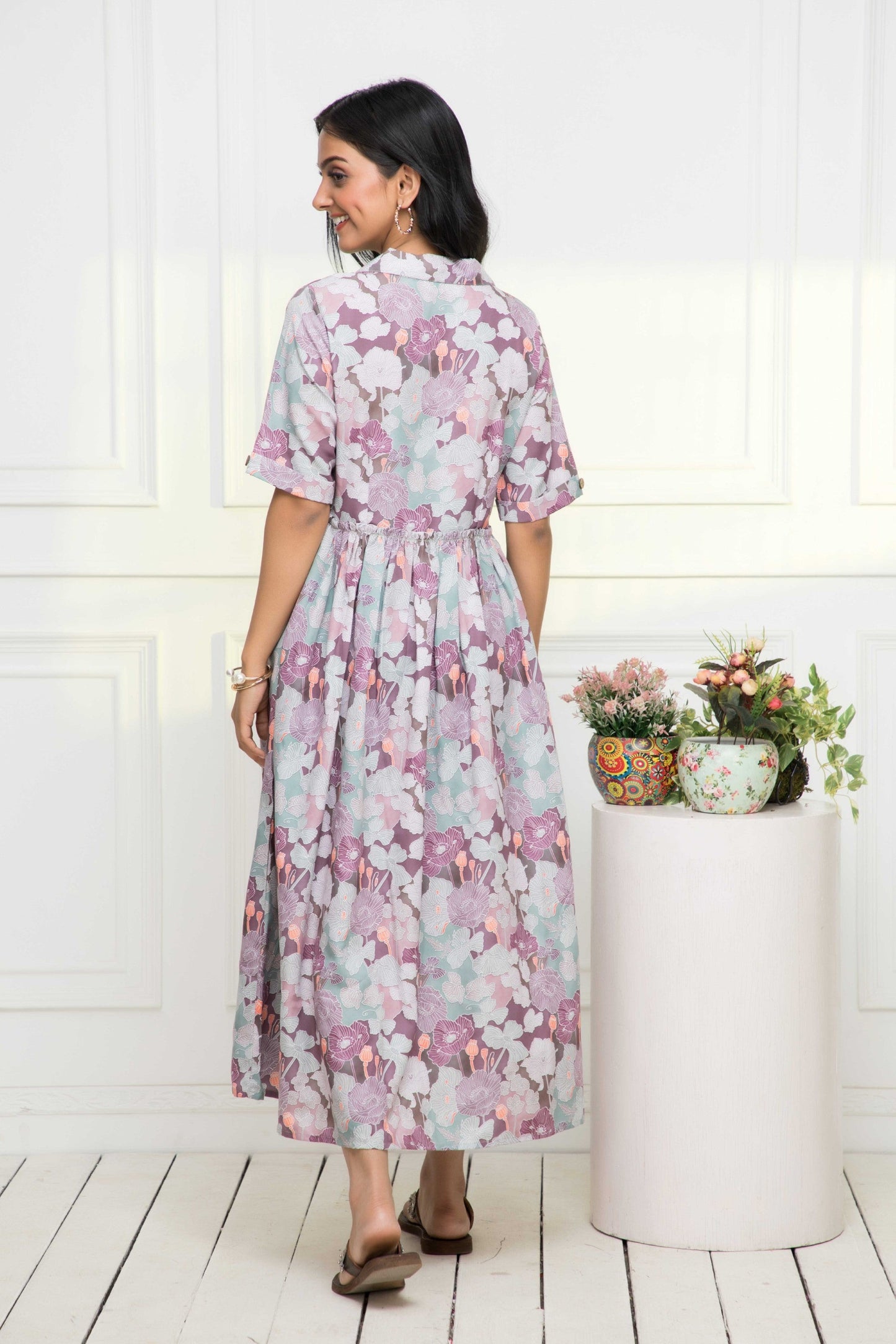 Women's Multi Floral Rayon A-Line V-Neck Dress