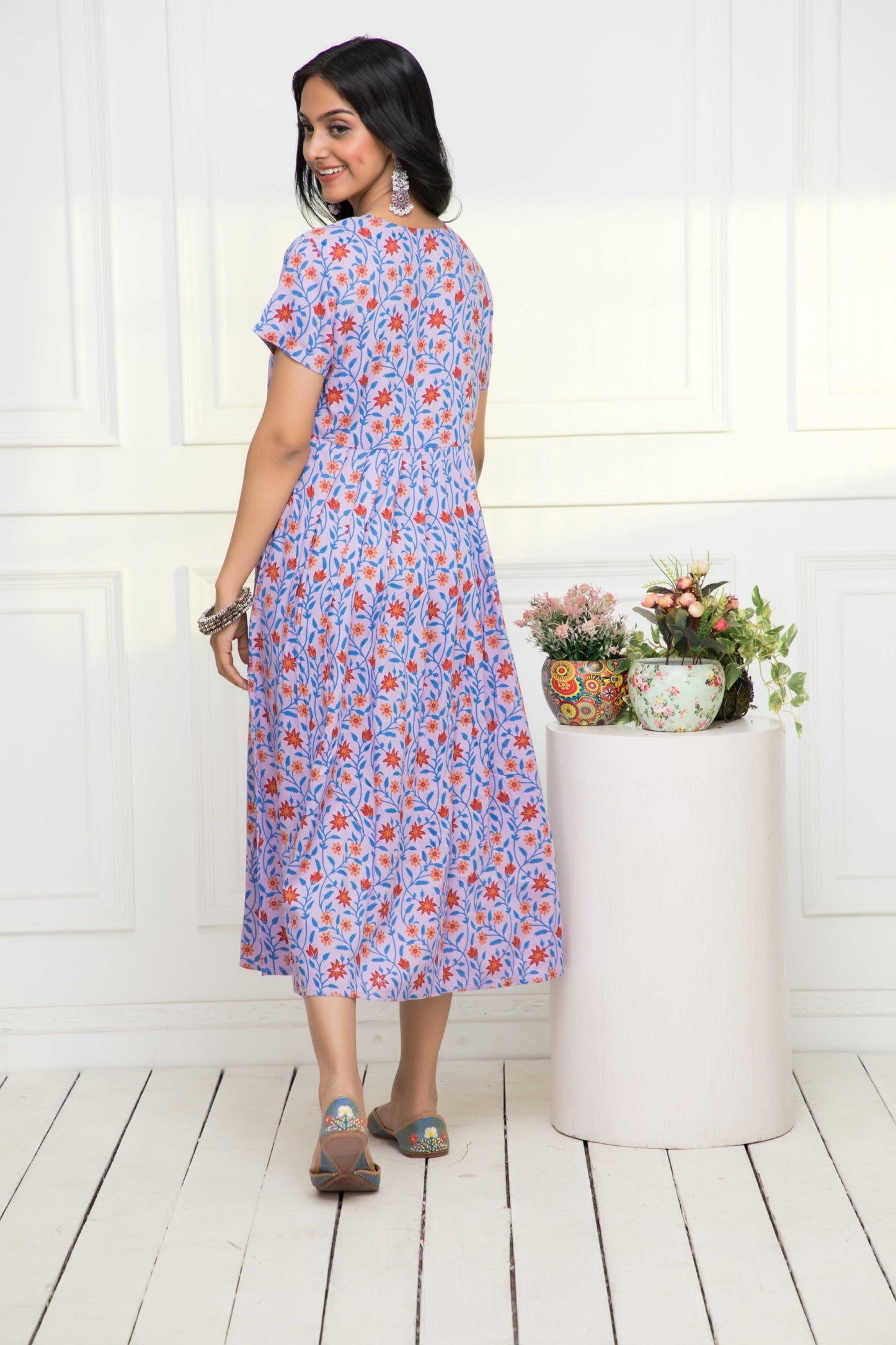Women's Purple Floral Rayon A-Line Round Neck Dress