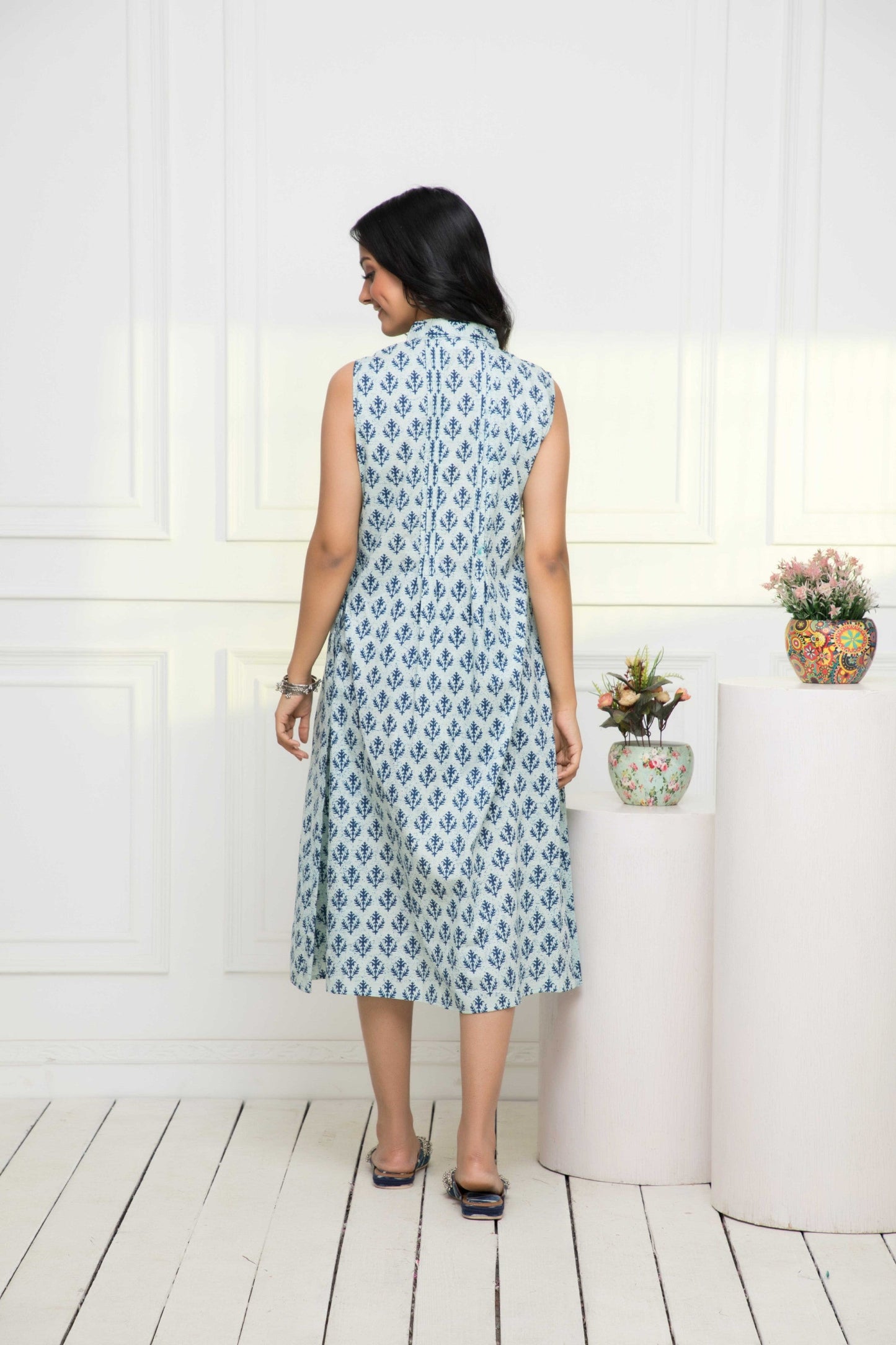 Women's Blue Ethnic Motifs Cotton A-Line Mandarin Collar Dress