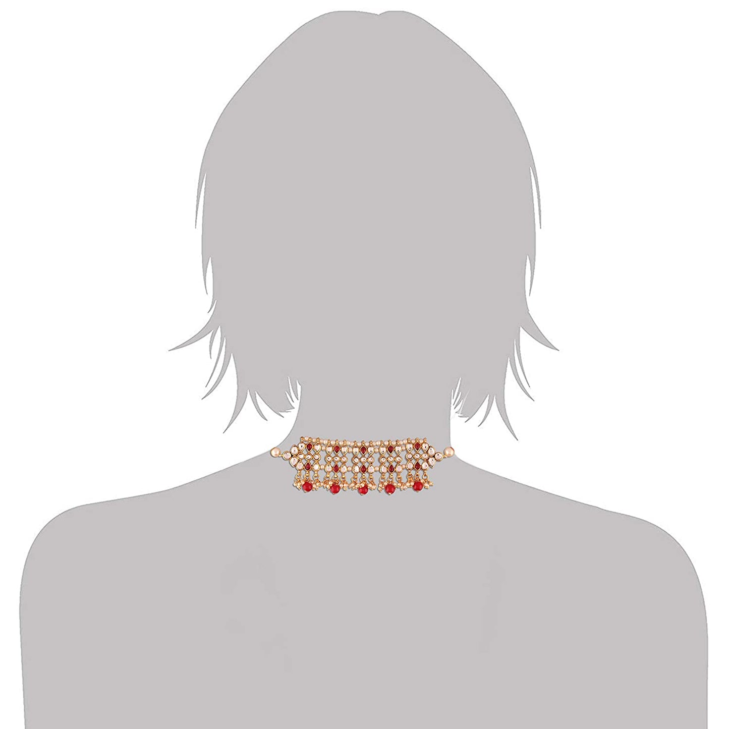 Women's Gold Plated Red Kundan & Pearl Studded Choker Necklace Set with Earring