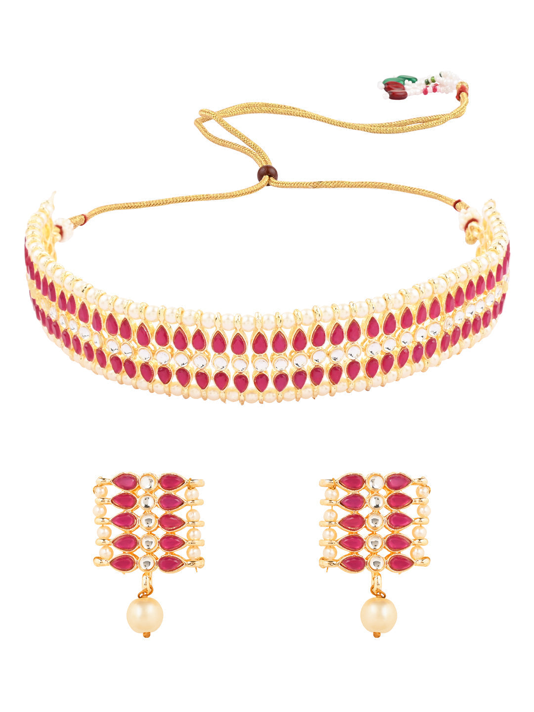 Women's 18k Gold Plated Traditional Peach Pearl & Kundan Studded Choker Necklace Jewellery Set
