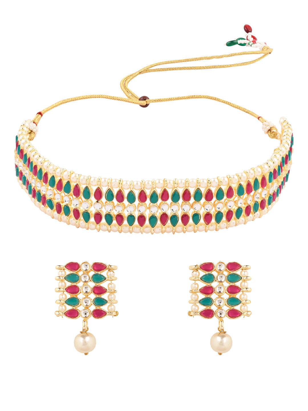 Women's 18k Gold Plated Traditional Peach Pearl & Kundan Studded Choker Necklace Jewellery Set
