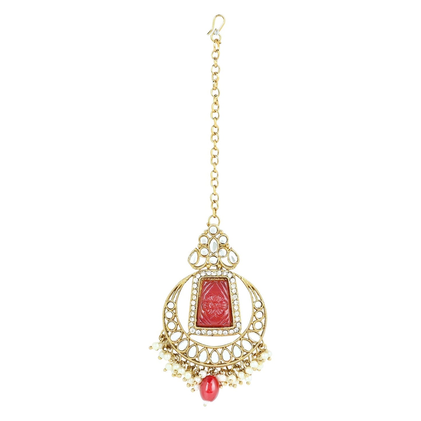 Women's 18k Gold Plated Traditional Pearl Kundan & Stone Studded Jewellery Necklace Set with Maang Tikka