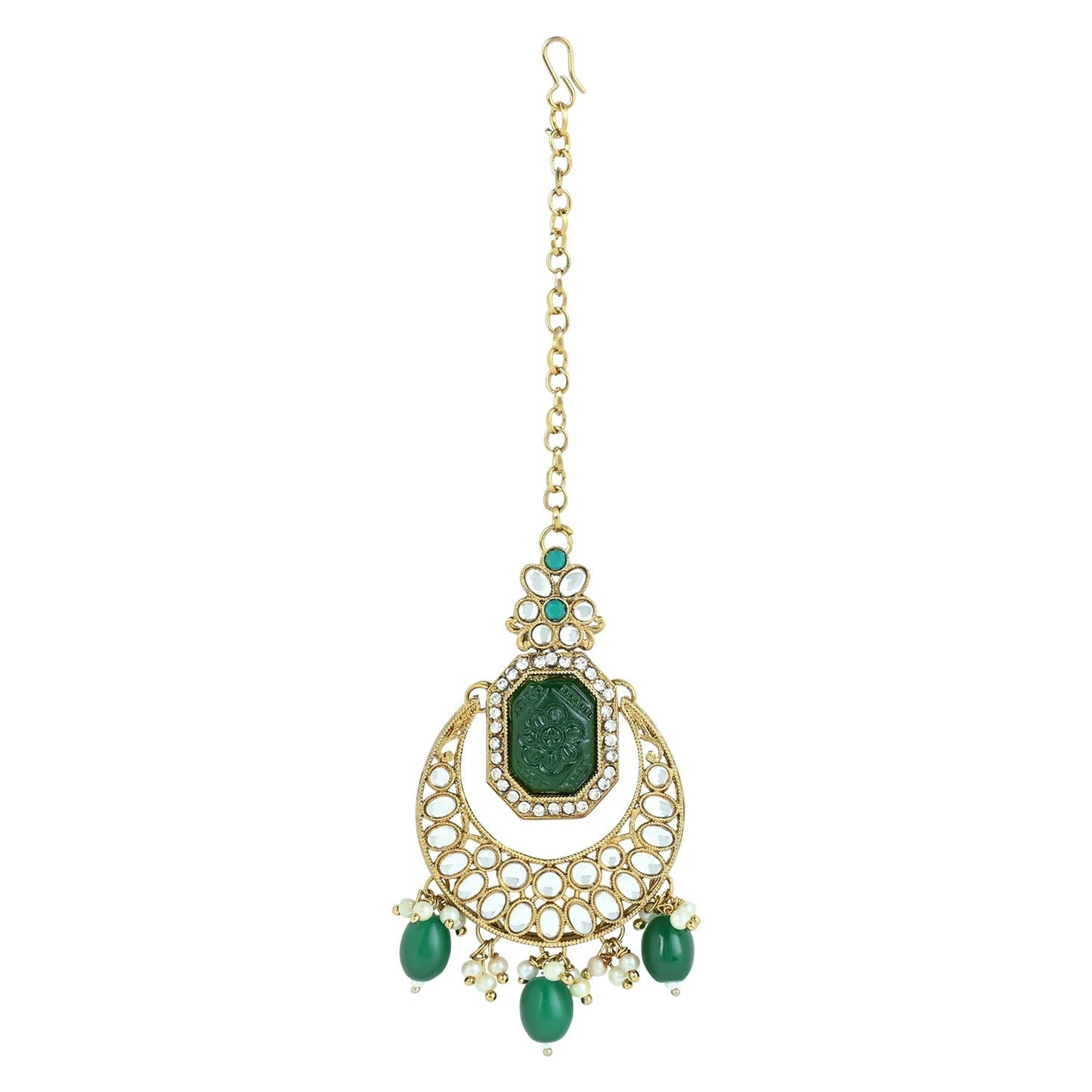 Women's 18k Gold Plated Traditional Pearl Kundan & Stone Studded Jewellery Necklace Set with Maang Tikka