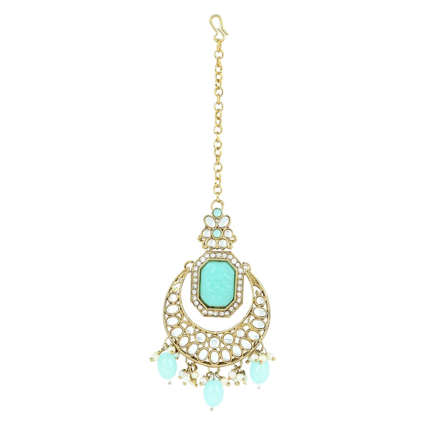 Women's 18k Gold Plated Traditional Pearl Kundan & Stone Studded Jewellery Necklace Set with Maang Tikka