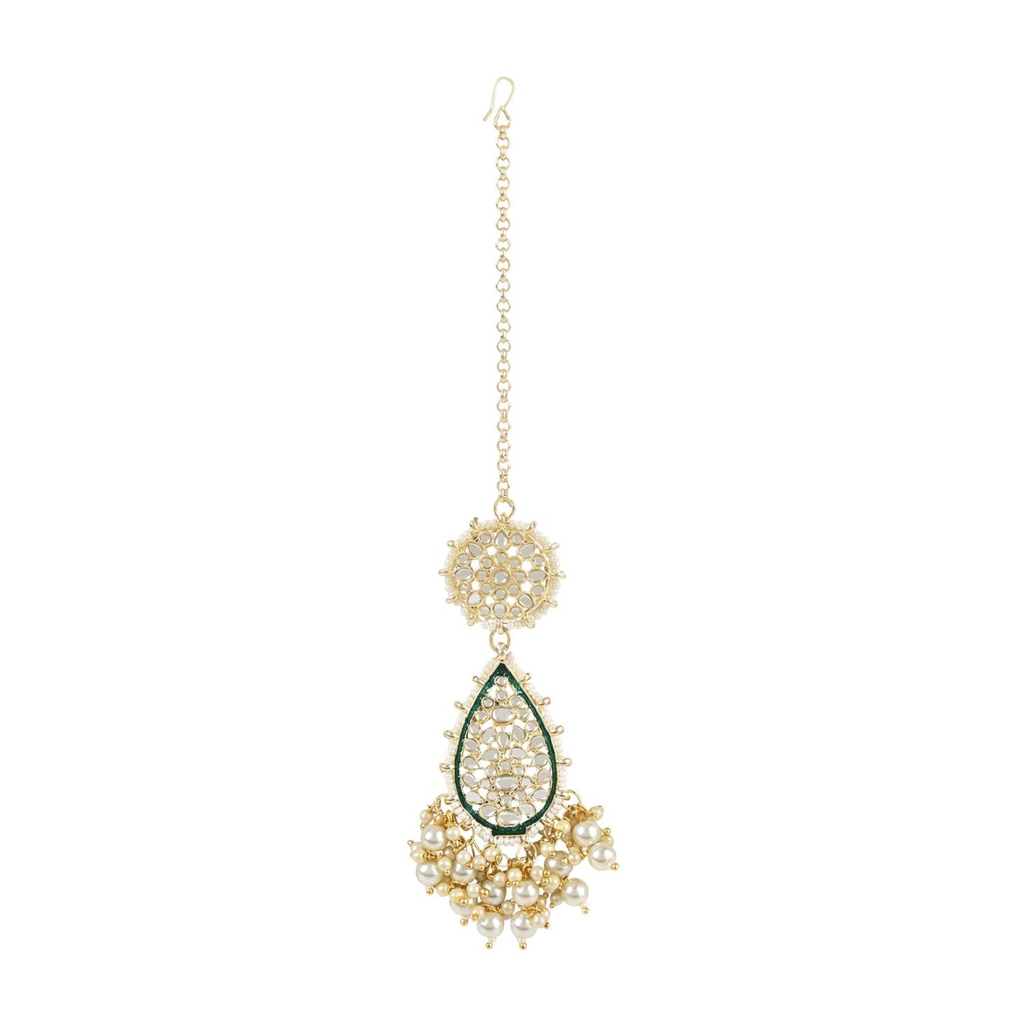 Women's 18k Gold Plated Traditional Pearl Kundan Studded Meenakari Floral Necklace With Earring Maang Tikka & Finger Ring Set
