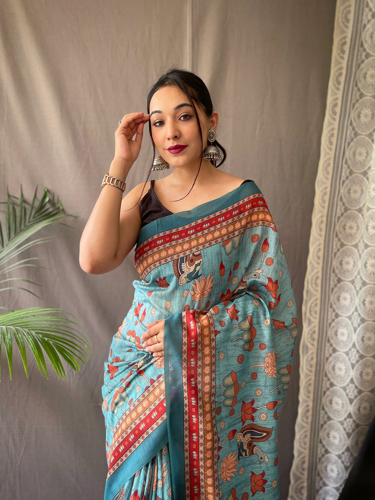 Women's Blue Color Kadambari Cotton Kalamkari Printed Saree Blue