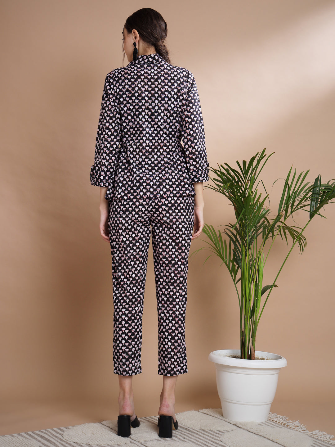 Women's Black Shawl Neck Coat With Trousers
