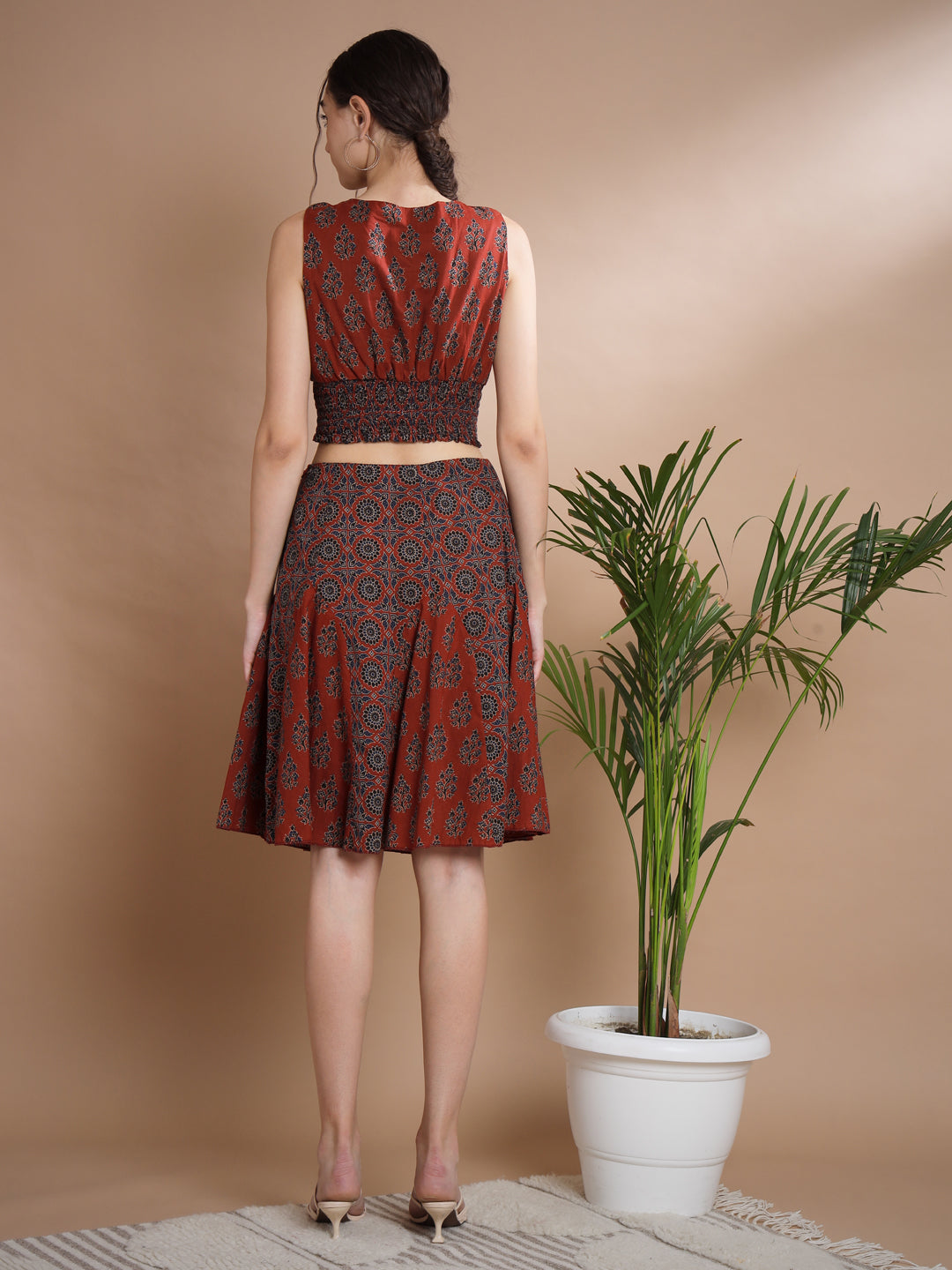 Women's Rust Round Neck Top With Skirt